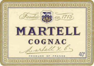 old logo of Martell with swift sitting on shield that has three mallets on it