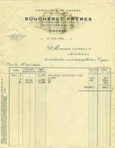 Boucheret Frères, capsule manufacurer, invoice for Sauvion
