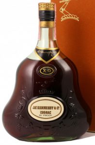 XO small, on a brown background, 80 Proof stated, 4/5 quart; late 1950s-1960s, USA import by Schieffelin, New York