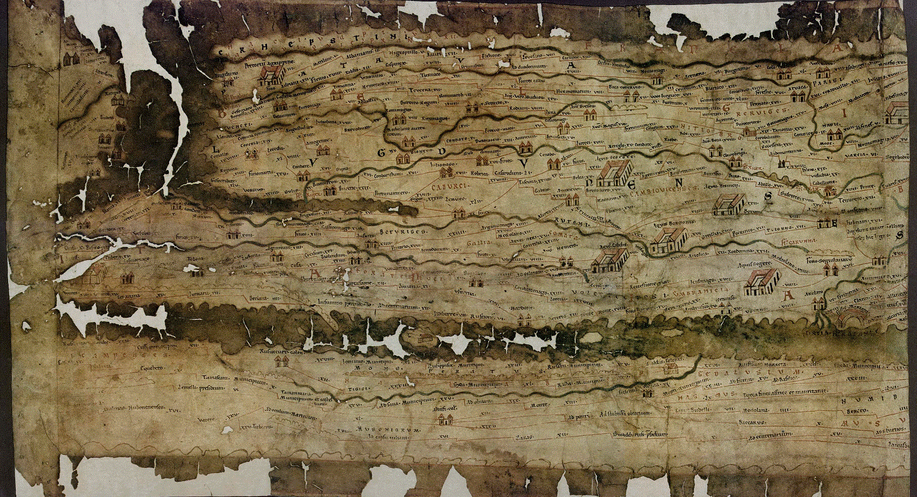 Oude kaart van Peutinger met Condate er op vermeld (vlak bij de 'U' van Lugdunensis). 3e-4e eeuw.