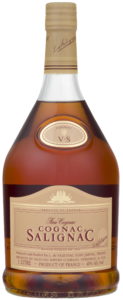 1 Litre, three lines of text in red colour, brownish label, 'cognac' in shoulder label less wide; US import by Salignac Import Cie, Deerfield