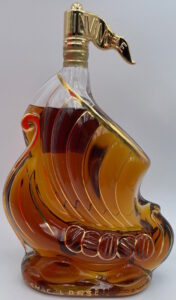 "Very special and delicate fine champagne cognac, Larsen Vikingship"; 40%alc/vol, 700ml, clear glass (after 1980)